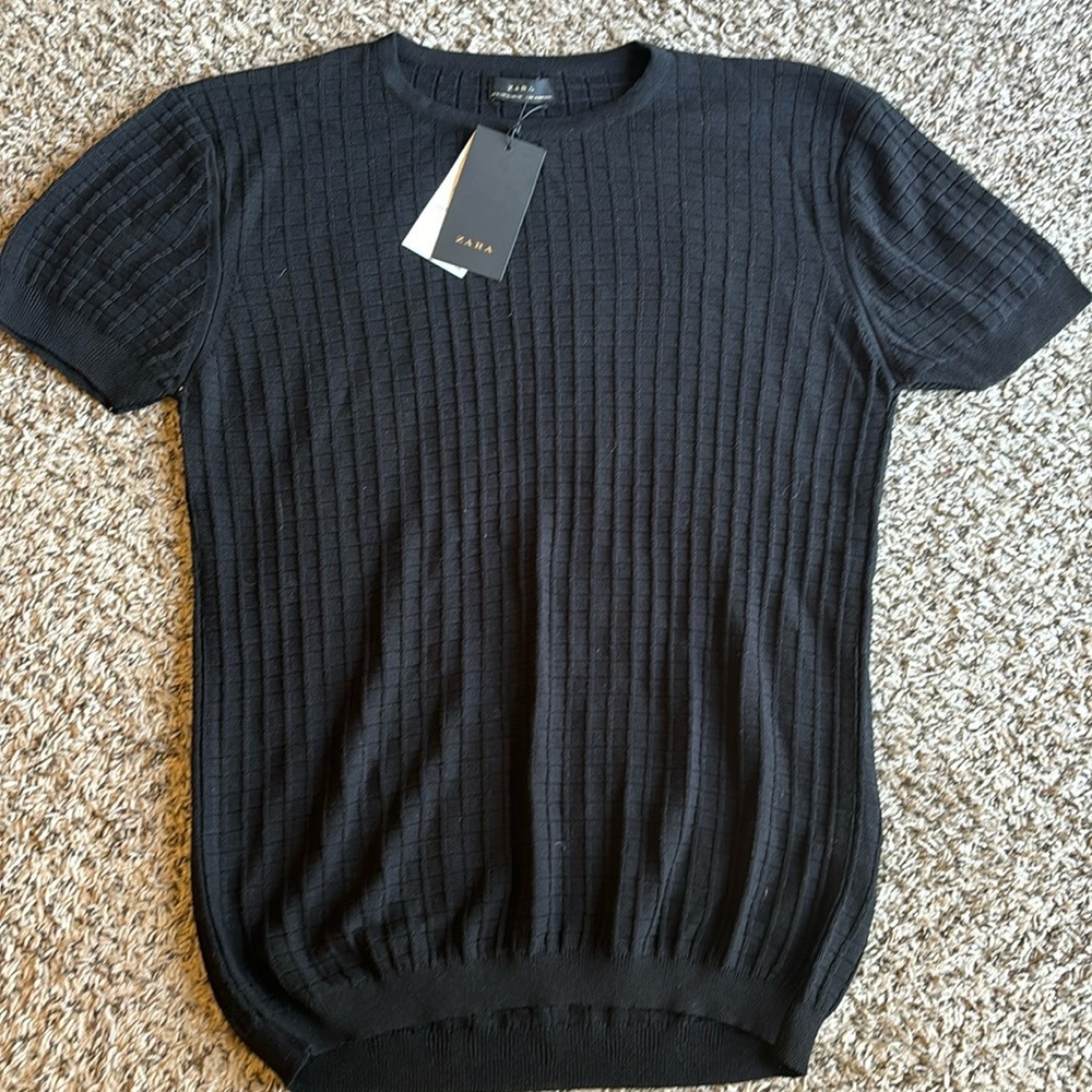Zara Black RIBBED KNITTED‎ T-SHIRT Size XL NWT